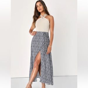 Lulu’s Beautiful Tempest Navy Blue Print Wrap Maxi Skirt